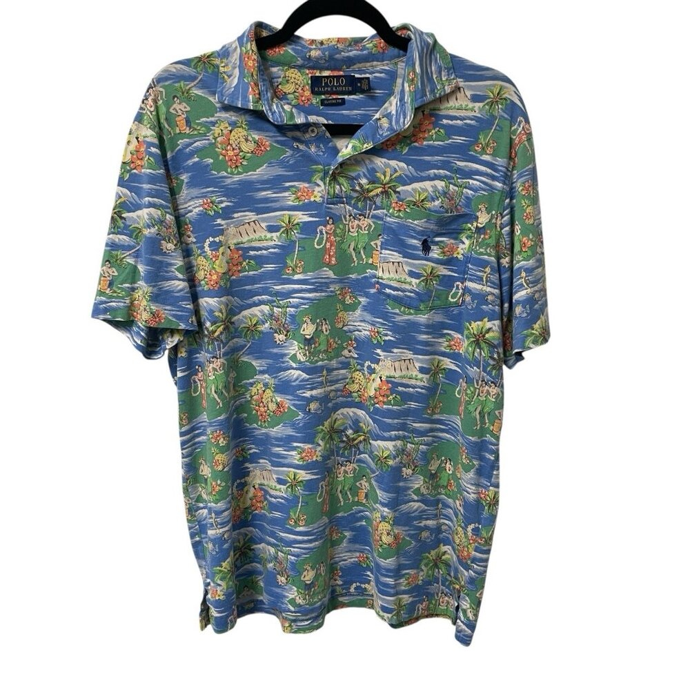 POLO RALPH LAUREN SHIRT HAWAIIAN HULA GIRL ALL OVER PRINT MENS M COTTON POLO